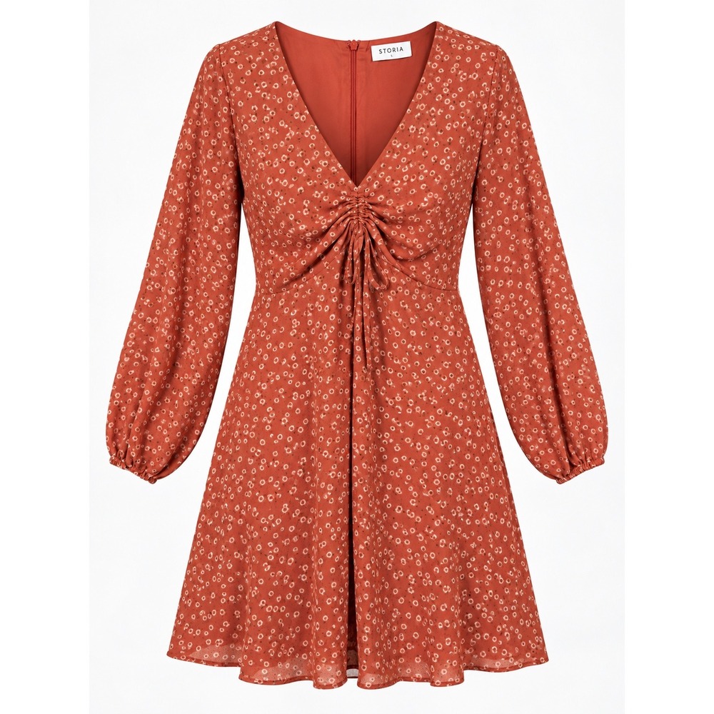 Storia Floral Long Sleeve Tie Front V-Neck Mini Dress Rust Orange Size Large